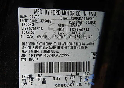 2004 Ford F-150 Xlt/Lariat/Fx4 from USA, damaged, VIN 1FTPW14574KA92999